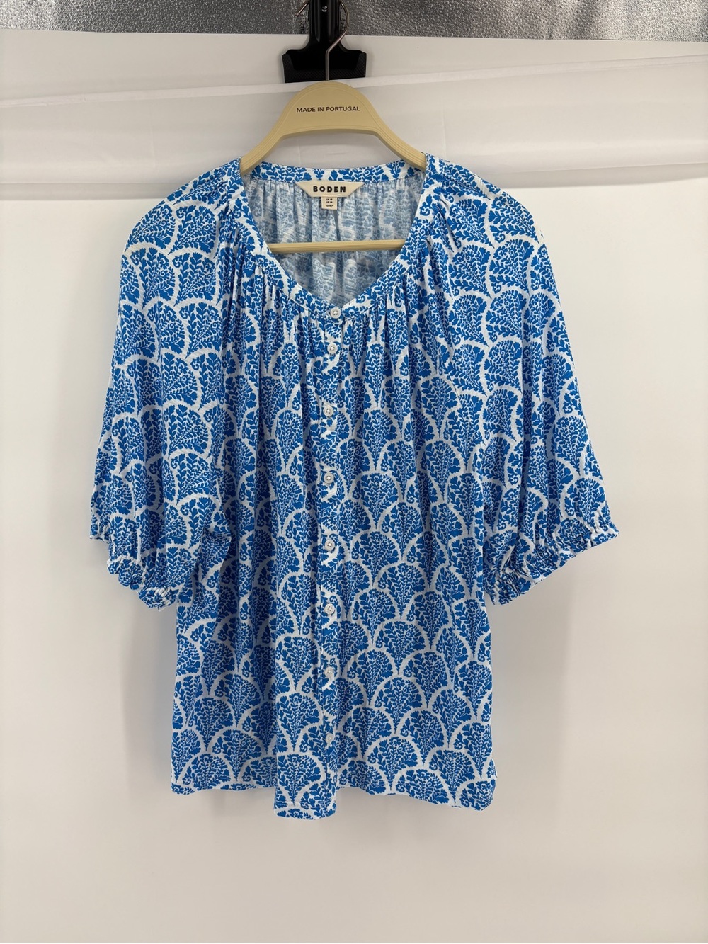 Boden Women’s Blue White Floral Print Henley Top US 14 UK 18 Cotton Blouse